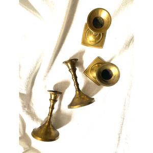 Vintage Mini Small 3" Brass Candlestick Holder Set, square, round, 4 pc, India